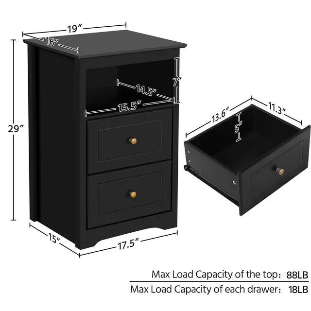 Alt view image 4 of 7 - Tall Nightstand with 2 Drawer and 1 Cubby, 29" High Bedside Table Wooden Storage Cabinet Bed Side Table with Drawer for Bedroom Home Office, Black