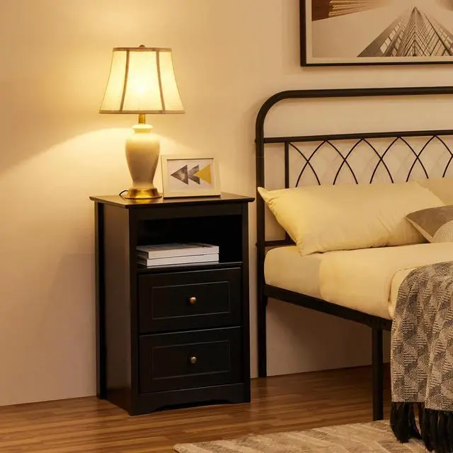 Alt view image 3 of 7 - Tall Nightstand with 2 Drawer and 1 Cubby, 29" High Bedside Table Wooden Storage Cabinet Bed Side Table with Drawer for Bedroom Home Office, Black