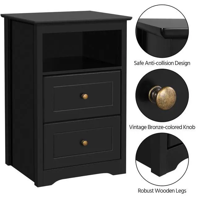 Alt view image 7 of 7 - Tall Nightstand with 2 Drawer and 1 Cubby, 29" High Bedside Table Wooden Storage Cabinet Bed Side Table with Drawer for Bedroom Home Office, Black
