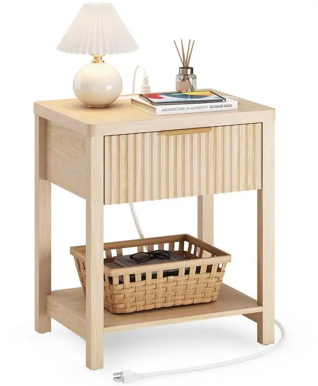 Main image of Fluted Night Stand with Drawers, Fluted Nightstand with Charging Station, Wood Modern Bedside End Table with Storage Drawer for Bedroom, Save Space (Set of 1, Natural Oak)
