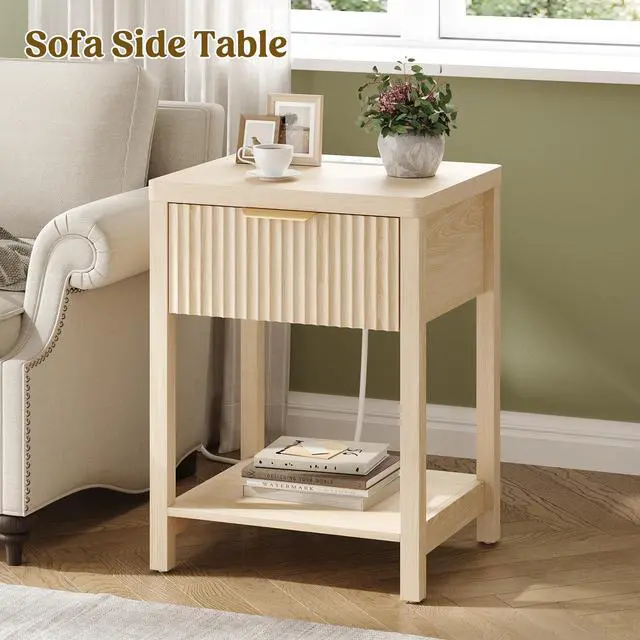 Alt view image 3 of 7 - Fluted Night Stand with Drawers, Fluted Nightstand with Charging Station, Wood Modern Bedside End Table with Storage Drawer for Bedroom, Save Space (Set of 1, Natural Oak)