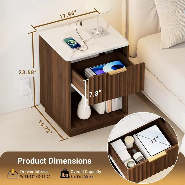 Alt view image 2 of 7 - Fluted Nightstand, Walnut Night Stand, Modern Nightstand with Faux Marble Top and Charging Station, 18in Wooden End Table with Drawer, Bedside Table for Bedroom Living Room, Curved Corners
