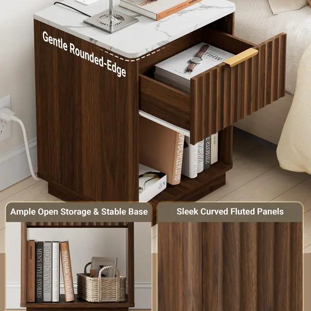 Alt view image 4 of 7 - Fluted Nightstand, Walnut Night Stand, Modern Nightstand with Faux Marble Top and Charging Station, 18in Wooden End Table with Drawer, Bedside Table for Bedroom Living Room, Curved Corners