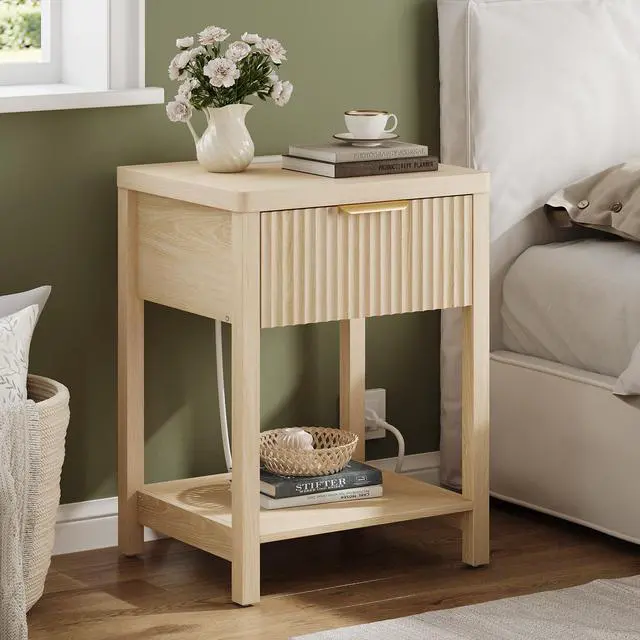 Alt view image 4 of 7 - Fluted Night Stand with Drawers, Fluted Nightstand with Charging Station, Wood Modern Bedside End Table with Storage Drawer for Bedroom, Save Space (Set of 1, Natural Oak)