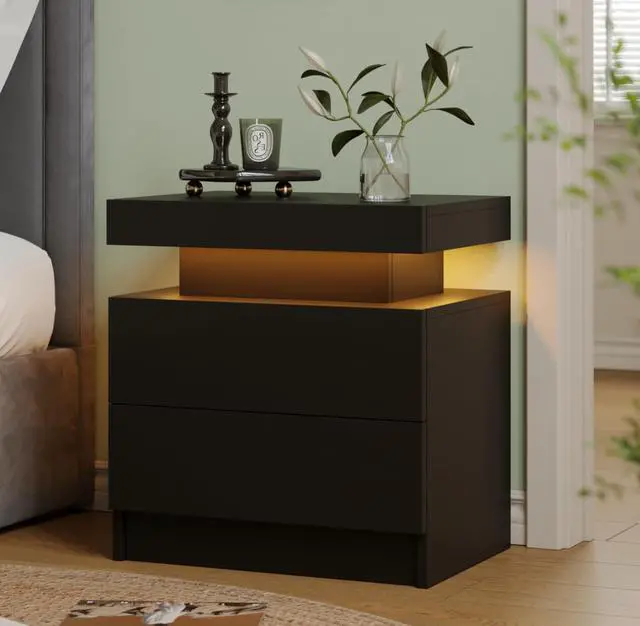Main image of Black LED Nightstand Modern Night Stand for Bedroom Bedside Table with 2 Wood Drawers End Side Table