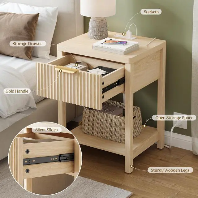 Alt view image 6 of 7 - Fluted Night Stand with Drawers, Fluted Nightstand with Charging Station, Wood Modern Bedside End Table with Storage Drawer for Bedroom, Save Space (Set of 1, Natural Oak)
