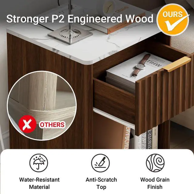 Alt view image 6 of 7 - Fluted Nightstand, Walnut Night Stand, Modern Nightstand with Faux Marble Top and Charging Station, 18in Wooden End Table with Drawer, Bedside Table for Bedroom Living Room, Curved Corners