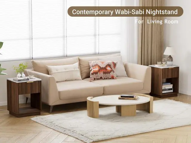Alt view image 7 of 7 - Fluted Nightstand, Walnut Night Stand, Modern Nightstand with Faux Marble Top and Charging Station, 18in Wooden End Table with Drawer, Bedside Table for Bedroom Living Room, Curved Corners