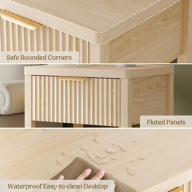 Alt view image 7 of 7 - Fluted Night Stand with Drawers, Fluted Nightstand with Charging Station, Wood Modern Bedside End Table with Storage Drawer for Bedroom, Save Space (Set of 1, Natural Oak)