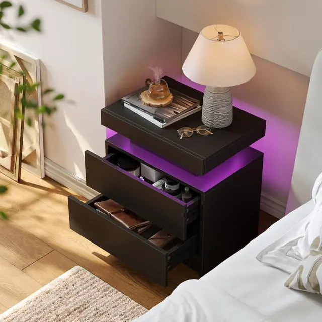 Alt view image 2 of 6 - Black LED Nightstand Modern Night Stand for Bedroom Bedside Table with 2 Wood Drawers End Side Table