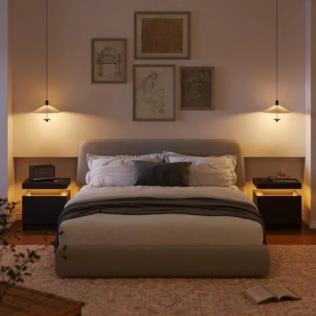 Alt view image 5 of 6 - Black LED Nightstand Modern Night Stand for Bedroom Bedside Table with 2 Wood Drawers End Side Table