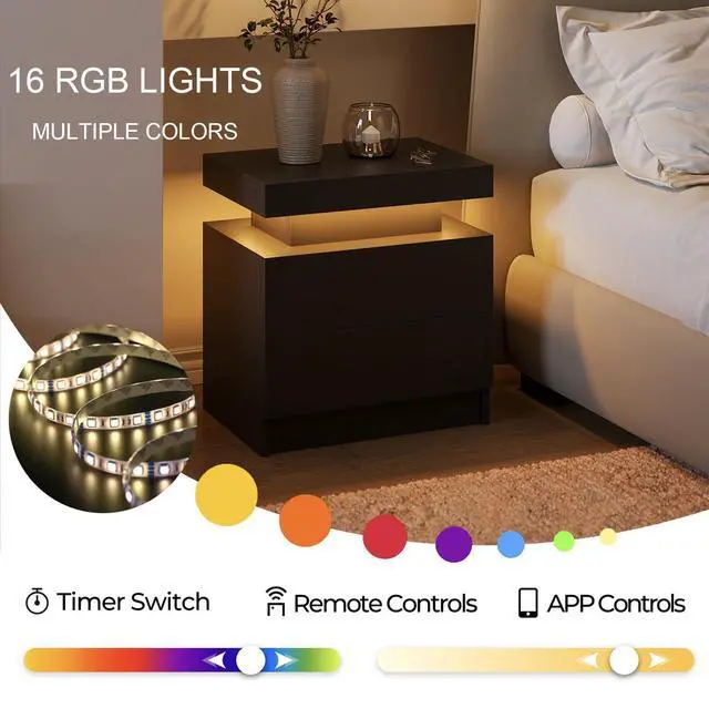 Alt view image 4 of 6 - Black LED Nightstand Modern Night Stand for Bedroom Bedside Table with 2 Wood Drawers End Side Table