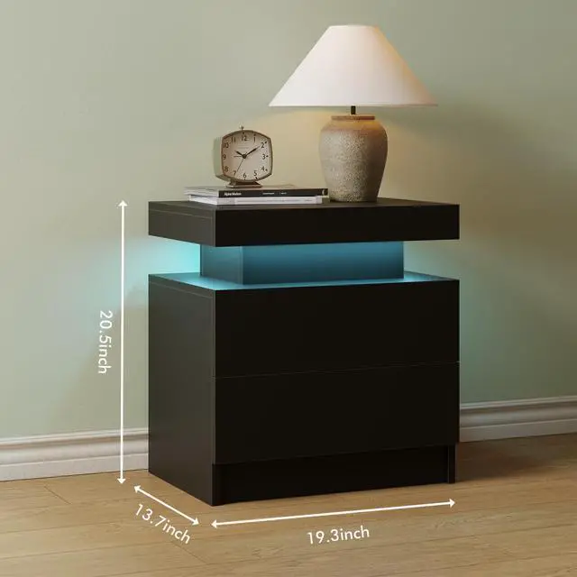 Alt view image 6 of 6 - Black LED Nightstand Modern Night Stand for Bedroom Bedside Table with 2 Wood Drawers End Side Table