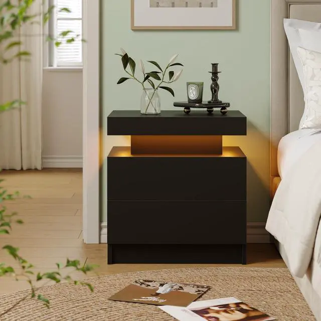 Alt view image 3 of 6 - Black LED Nightstand Modern Night Stand for Bedroom Bedside Table with 2 Wood Drawers End Side Table