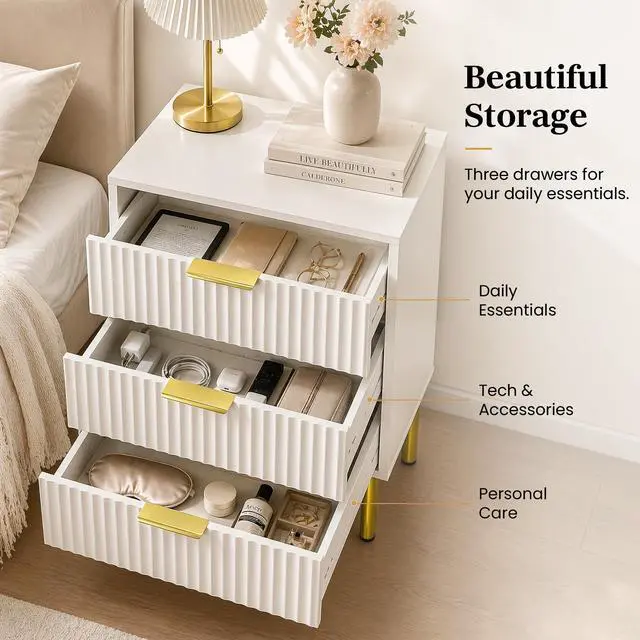Alt view image 4 of 7 - White and Gold Fluted Nightstand with 3 Drawers, 24" Tall Bedside Table with Gold Handles, Ribbed Side Table for Bedroom