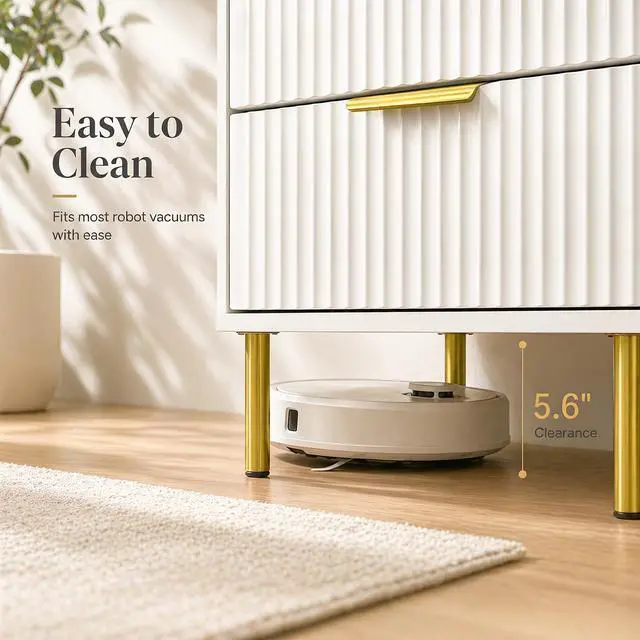 Alt view image 7 of 7 - White and Gold Fluted Nightstand with 3 Drawers, 24" Tall Bedside Table with Gold Handles, Ribbed Side Table for Bedroom