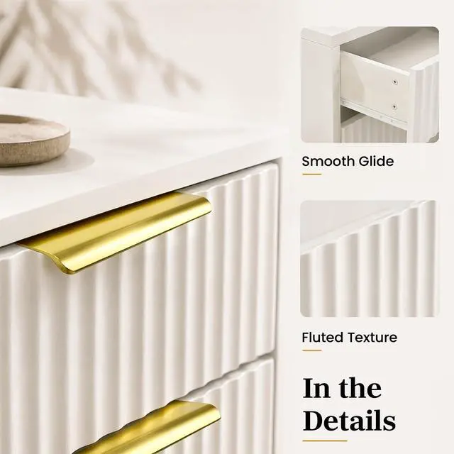 Alt view image 6 of 7 - White and Gold Fluted Nightstand with 3 Drawers, 24" Tall Bedside Table with Gold Handles, Ribbed Side Table for Bedroom