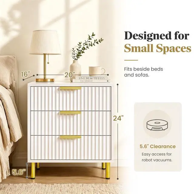 Alt view image 3 of 7 - White and Gold Fluted Nightstand with 3 Drawers, 24" Tall Bedside Table with Gold Handles, Ribbed Side Table for Bedroom