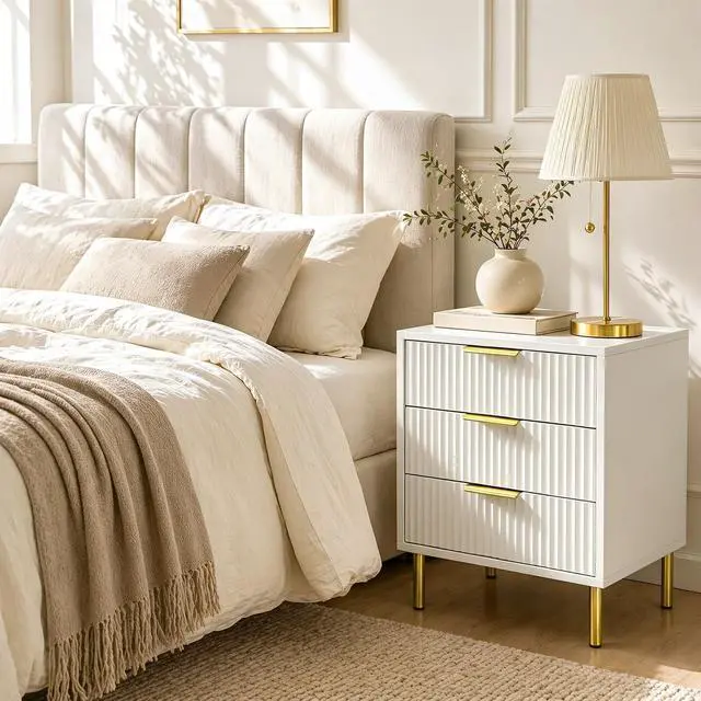 Alt view image 2 of 7 - White and Gold Fluted Nightstand with 3 Drawers, 24" Tall Bedside Table with Gold Handles, Ribbed Side Table for Bedroom