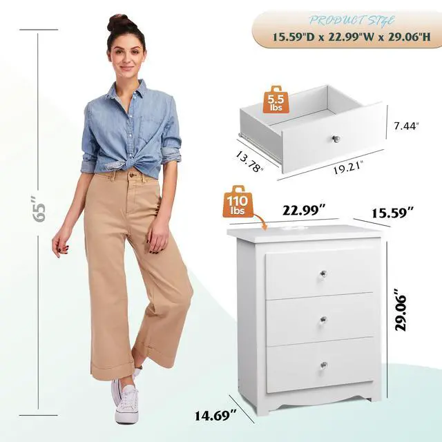 Alt view image 3 of 7 - White Nightstand with Charging Station, Wood Night Stand with 3 Drawers Storage, Tall Bedside Table End Side Tables with 2 USB Ports and Outlets for Bedroom, Closet, White