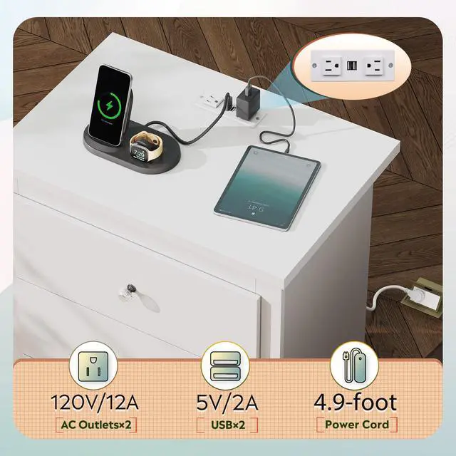 Alt view image 4 of 7 - White Nightstand with Charging Station, Wood Night Stand with 3 Drawers Storage, Tall Bedside Table End Side Tables with 2 USB Ports and Outlets for Bedroom, Closet, White