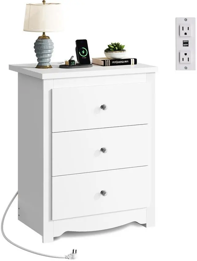 Main image of White Nightstand with Charging Station, Wood Night Stand with 3 Drawers Storage, Tall Bedside Table End Side Tables with 2 USB Ports and Outlets for Bedroom, Closet, White