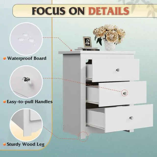 Alt view image 6 of 7 - White Nightstand with Charging Station, Wood Night Stand with 3 Drawers Storage, Tall Bedside Table End Side Tables with 2 USB Ports and Outlets for Bedroom, Closet, White