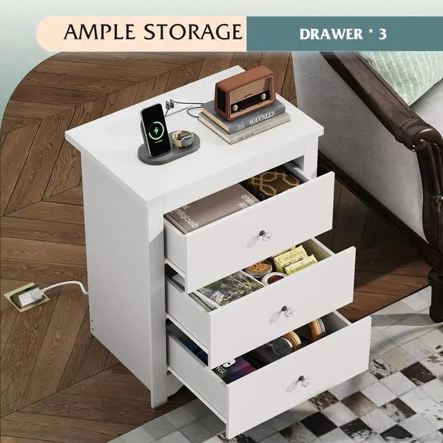 Alt view image 5 of 7 - White Nightstand with Charging Station, Wood Night Stand with 3 Drawers Storage, Tall Bedside Table End Side Tables with 2 USB Ports and Outlets for Bedroom, Closet, White