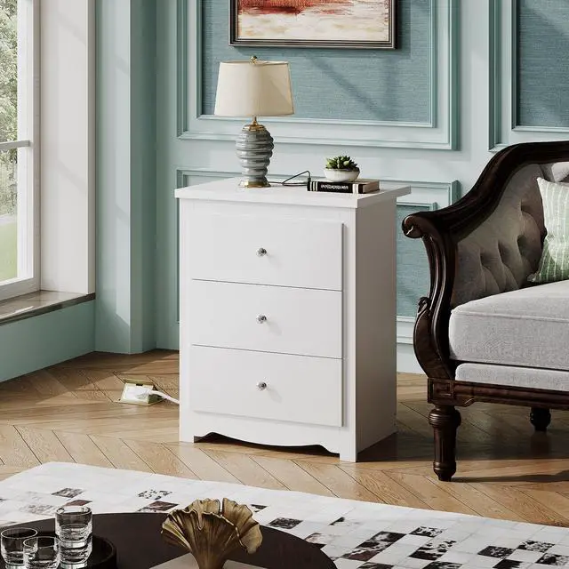 Alt view image 7 of 7 - White Nightstand with Charging Station, Wood Night Stand with 3 Drawers Storage, Tall Bedside Table End Side Tables with 2 USB Ports and Outlets for Bedroom, Closet, White