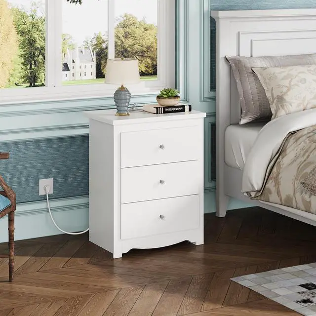 Alt view image 2 of 7 - White Nightstand with Charging Station, Wood Night Stand with 3 Drawers Storage, Tall Bedside Table End Side Tables with 2 USB Ports and Outlets for Bedroom, Closet, White