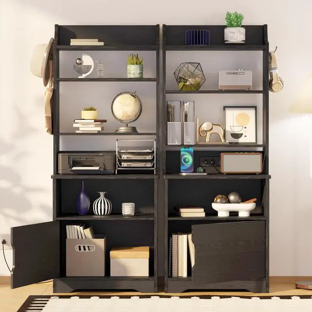 Alt view image 3 of 7 - 55" Tall End Side Table with Charging Station and Storage Cabinet, Small Bookshelf, for Living Room Office Bedroom, Vintage Black