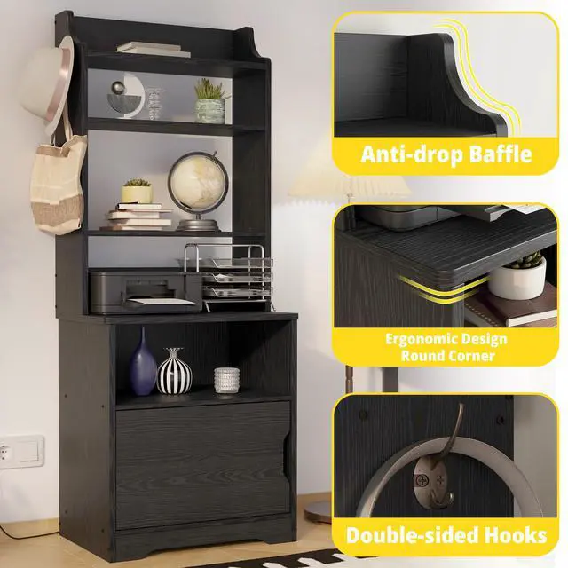Alt view image 5 of 7 - 55" Tall End Side Table with Charging Station and Storage Cabinet, Small Bookshelf, for Living Room Office Bedroom, Vintage Black