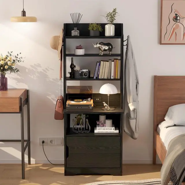 Main image of 55" Tall End Side Table with Charging Station and Storage Cabinet, Small Bookshelf, for Living Room Office Bedroom, Vintage Black