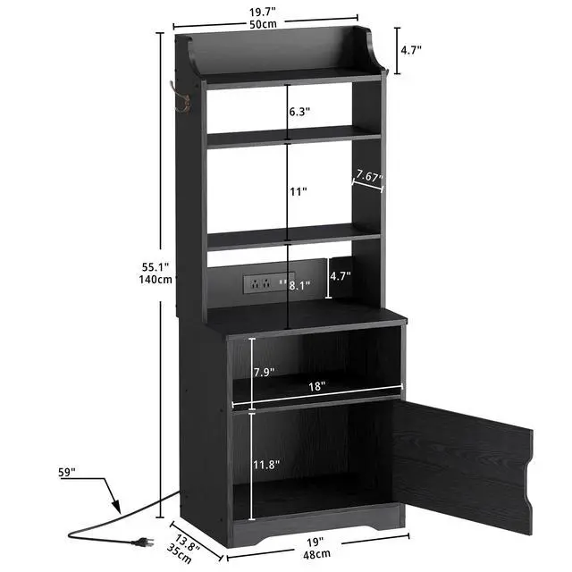 Alt view image 2 of 7 - 55" Tall End Side Table with Charging Station and Storage Cabinet, Small Bookshelf, for Living Room Office Bedroom, Vintage Black