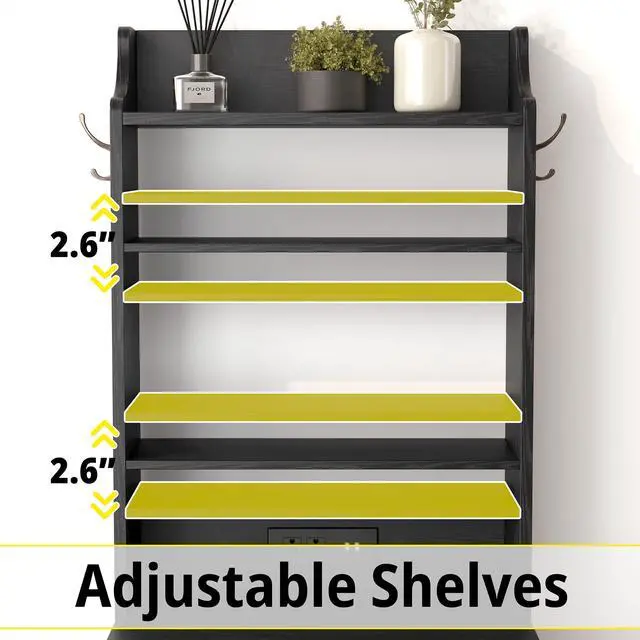 Alt view image 6 of 7 - 55" Tall End Side Table with Charging Station and Storage Cabinet, Small Bookshelf, for Living Room Office Bedroom, Vintage Black