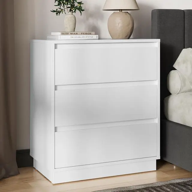 Main image of White Nightstand with 3 Drawers Storage | 23.6" Modern Night Stand for Bedroom, Large Bedside Table, End Table for Closet