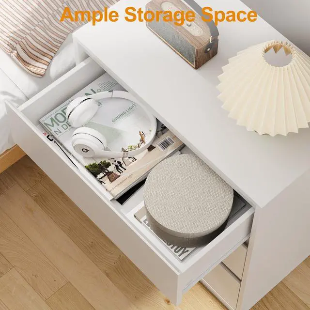 Alt view image 2 of 7 - White Nightstand with 3 Drawers Storage | 23.6" Modern Night Stand for Bedroom, Large Bedside Table, End Table for Closet