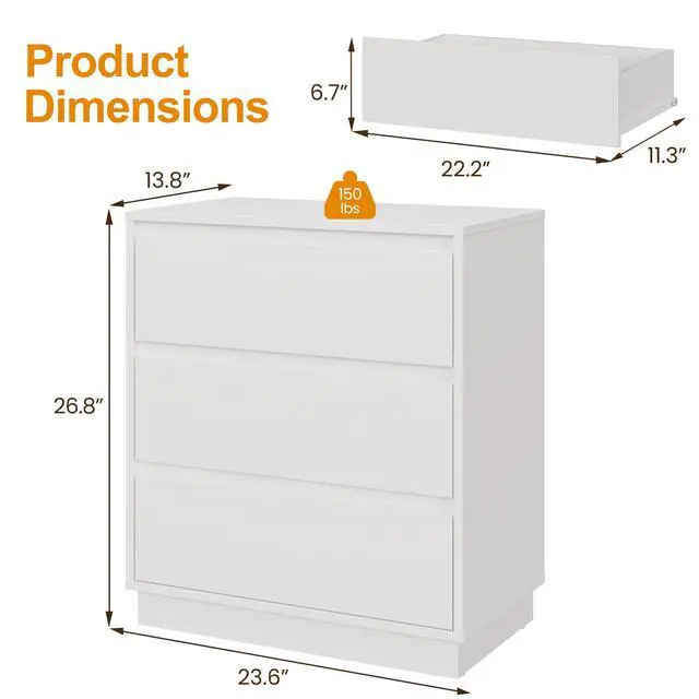 Alt view image 6 of 7 - White Nightstand with 3 Drawers Storage | 23.6" Modern Night Stand for Bedroom, Large Bedside Table, End Table for Closet