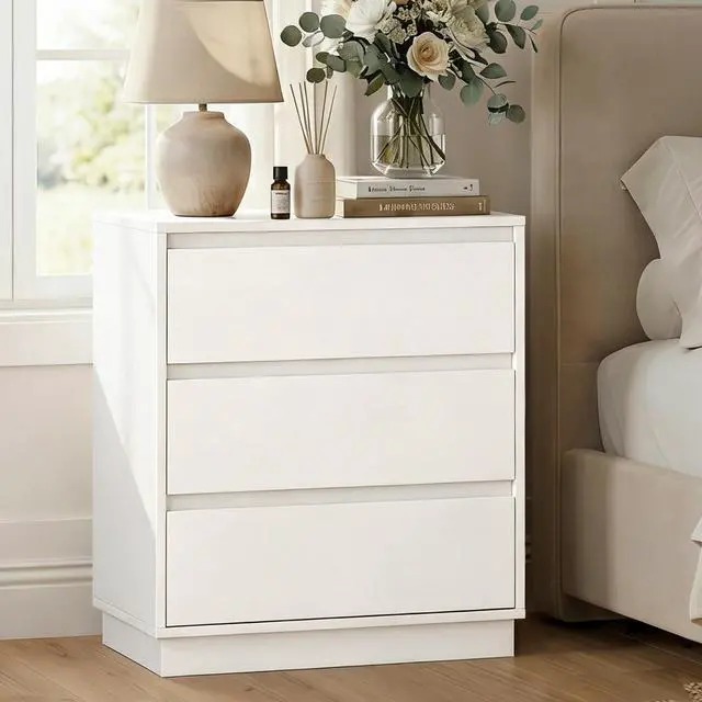 Alt view image 3 of 7 - White Nightstand with 3 Drawers Storage | 23.6" Modern Night Stand for Bedroom, Large Bedside Table, End Table for Closet