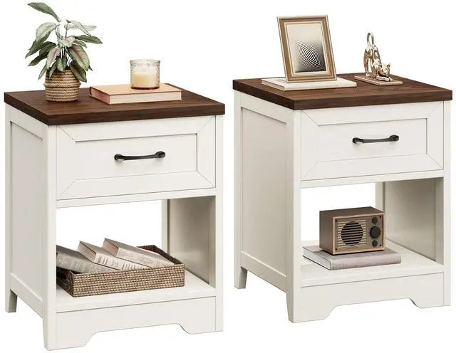 Main image of Farmhouse Nightstand Set of 2, Bedside Tables with Drawer & Open Storage, Wood End Tables for Bedroom & Small Space, Rustic White & Dark Walnut