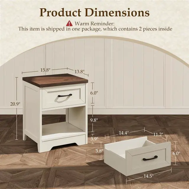 Alt view image 3 of 7 - Farmhouse Nightstand Set of 2, Bedside Tables with Drawer & Open Storage, Wood End Tables for Bedroom & Small Space, Rustic White & Dark Walnut