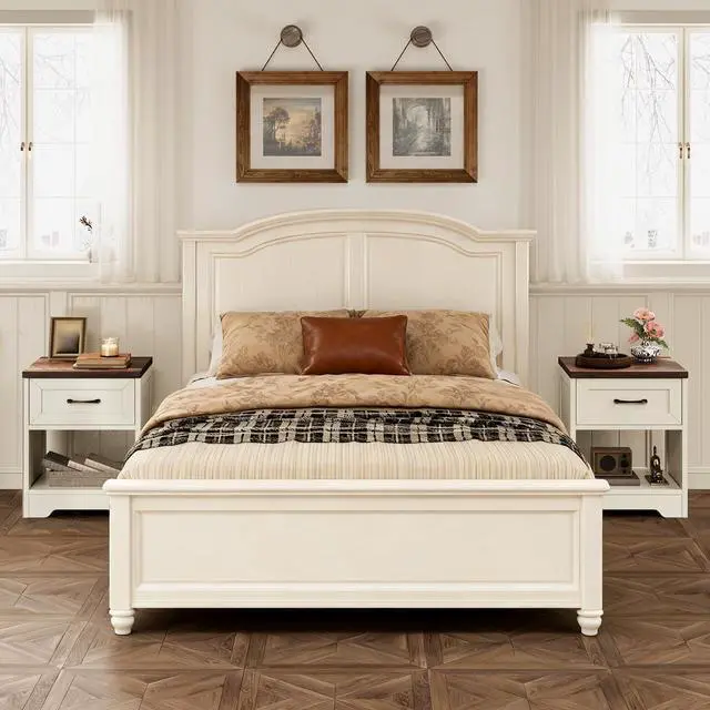 Alt view image 4 of 7 - Farmhouse Nightstand Set of 2, Bedside Tables with Drawer & Open Storage, Wood End Tables for Bedroom & Small Space, Rustic White & Dark Walnut