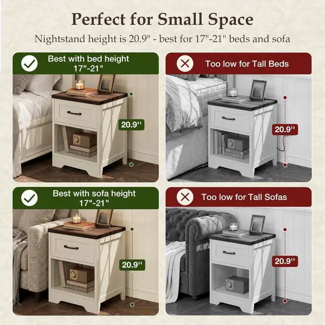 Alt view image 5 of 7 - Farmhouse Nightstand Set of 2, Bedside Tables with Drawer & Open Storage, Wood End Tables for Bedroom & Small Space, Rustic White & Dark Walnut