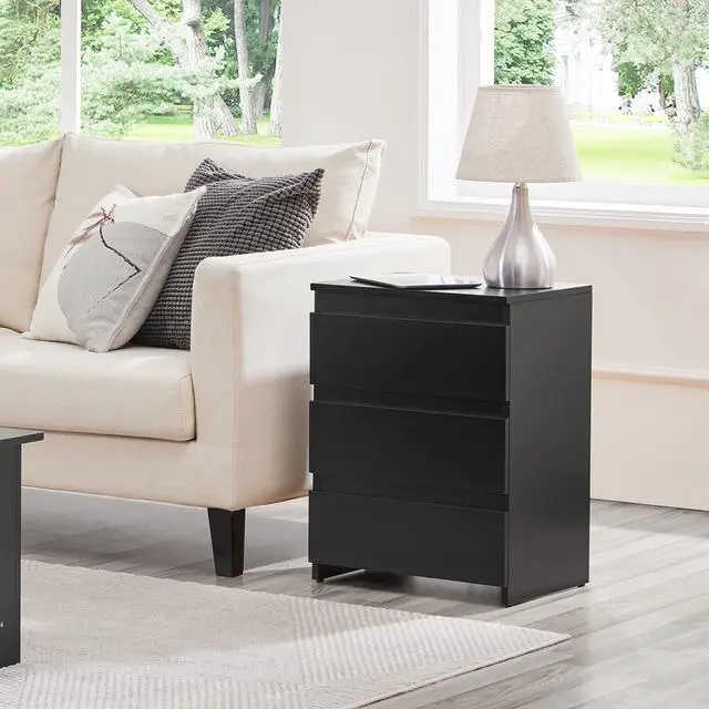 Alt view image 2 of 7 - Nightstand with Drawer, 3 Drawers Bedside Table with Sturdy Base, Wood Bedside Cupboard Accent Table with Storage Space for Bedroom, Easy Assembly, Black