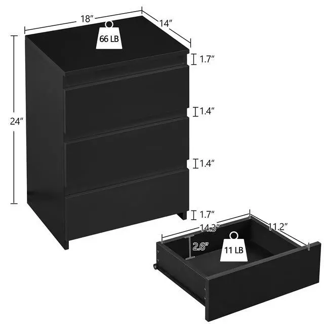 Alt view image 4 of 7 - Nightstand with Drawer, 3 Drawers Bedside Table with Sturdy Base, Wood Bedside Cupboard Accent Table with Storage Space for Bedroom, Easy Assembly, Black