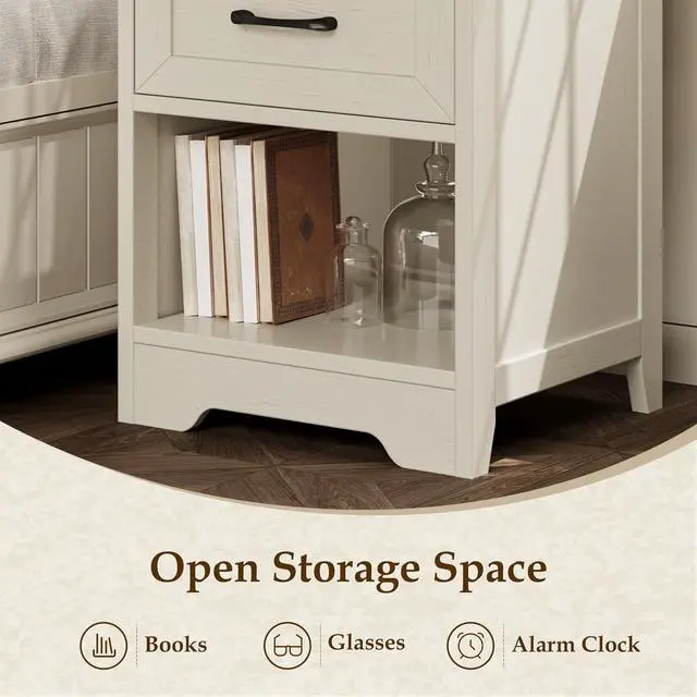 Alt view image 6 of 7 - Farmhouse Nightstand Set of 2, Bedside Tables with Drawer & Open Storage, Wood End Tables for Bedroom & Small Space, Rustic White & Dark Walnut