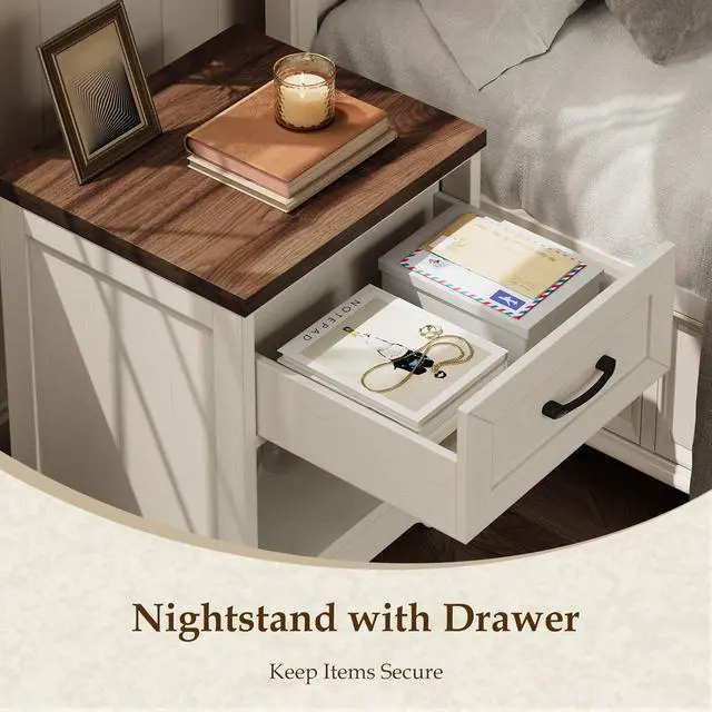 Alt view image 7 of 7 - Farmhouse Nightstand Set of 2, Bedside Tables with Drawer & Open Storage, Wood End Tables for Bedroom & Small Space, Rustic White & Dark Walnut