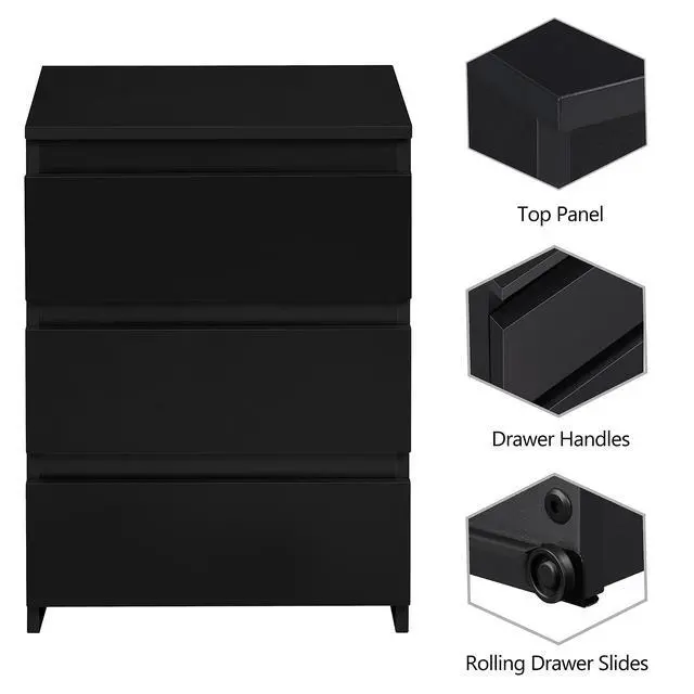 Alt view image 7 of 7 - Nightstand with Drawer, 3 Drawers Bedside Table with Sturdy Base, Wood Bedside Cupboard Accent Table with Storage Space for Bedroom, Easy Assembly, Black