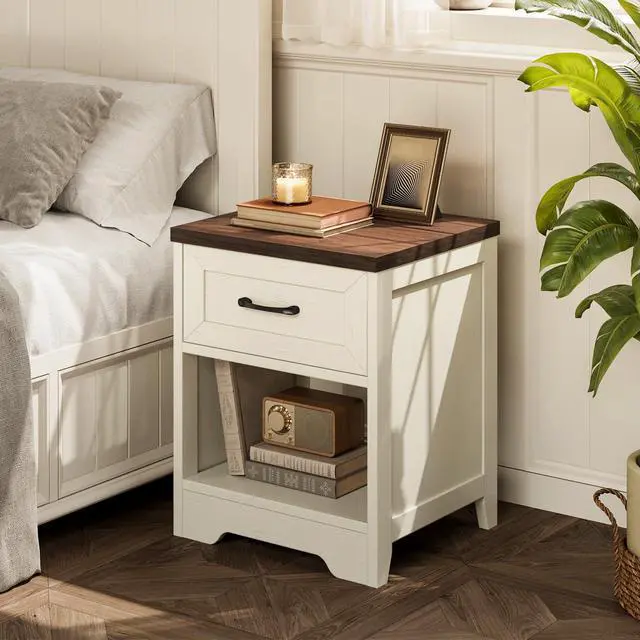 Alt view image 2 of 7 - Farmhouse Nightstand Set of 2, Bedside Tables with Drawer & Open Storage, Wood End Tables for Bedroom & Small Space, Rustic White & Dark Walnut