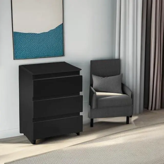 Alt view image 5 of 7 - Nightstand with Drawer, 3 Drawers Bedside Table with Sturdy Base, Wood Bedside Cupboard Accent Table with Storage Space for Bedroom, Easy Assembly, Black